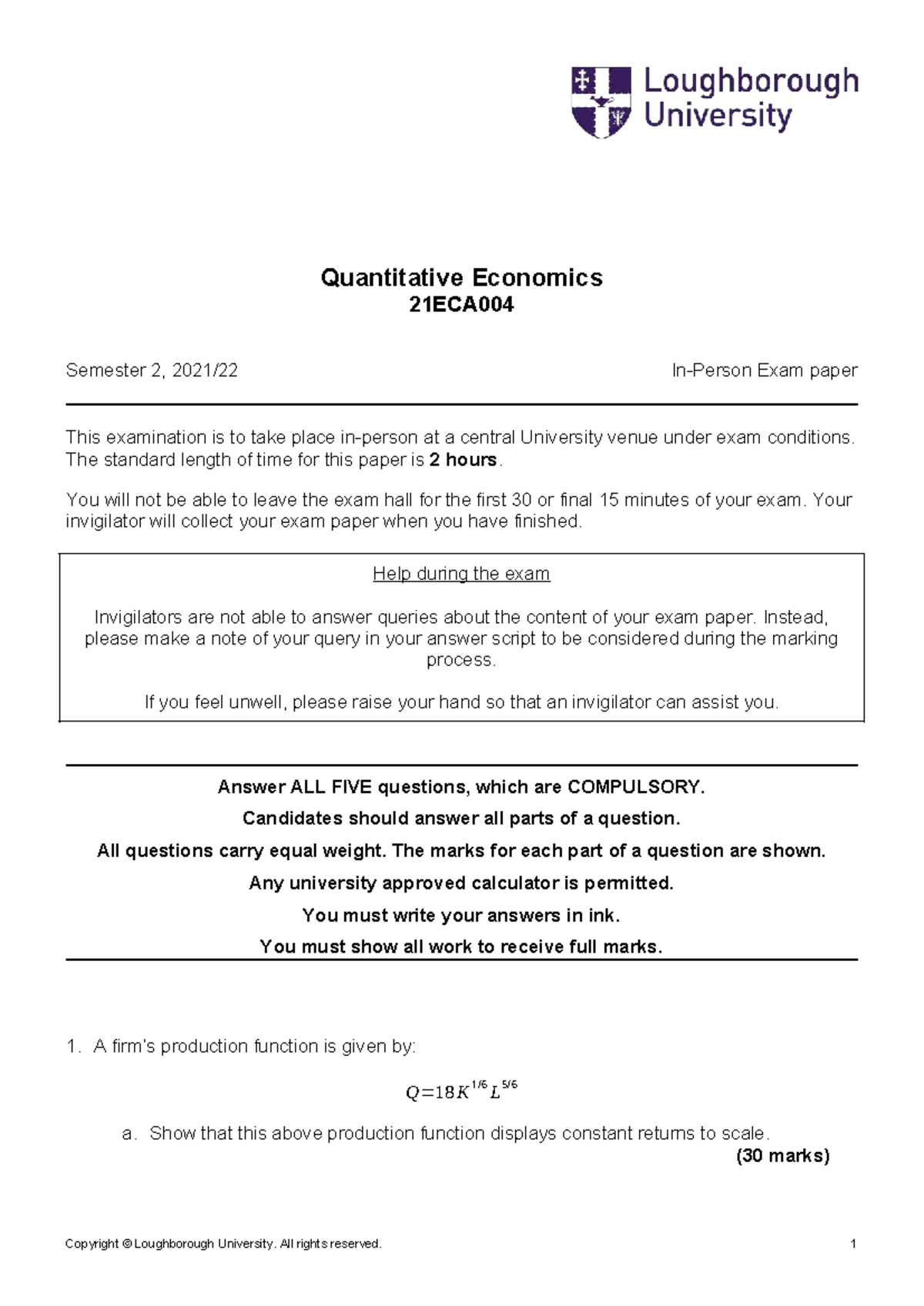 Quantitative Economics 21ECA004 Semester 2, Exam Paper Overview - Studocu