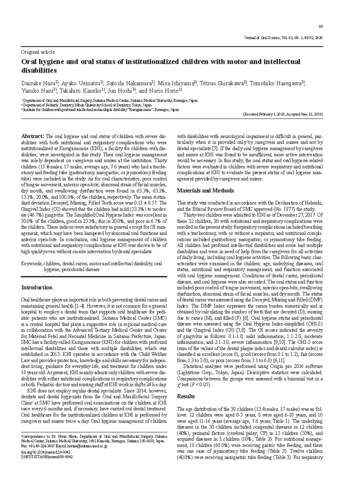 Oral Hygiene and Status of Institutionalized Children with Disabilities ...