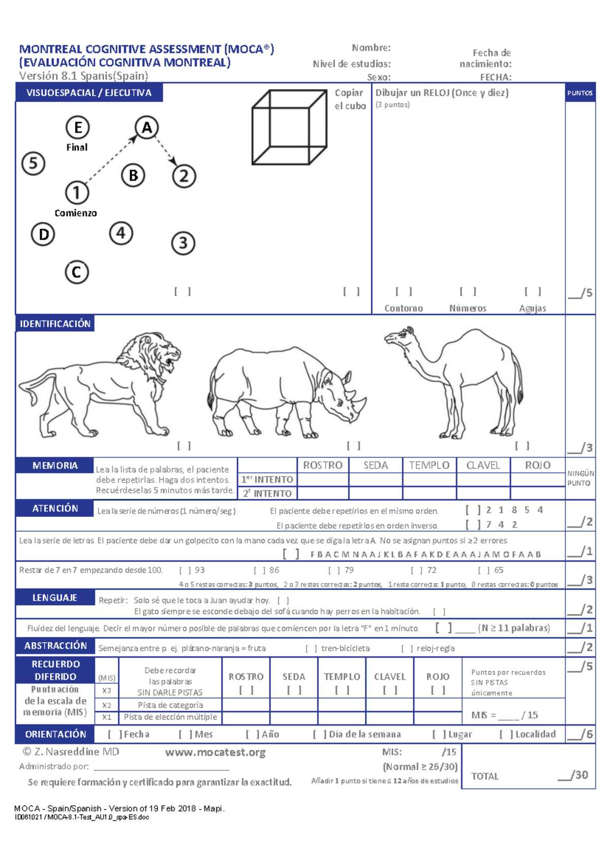MOCA 8.1 - Evaluación Cognitiva en Español (Test MOCA) - Studocu