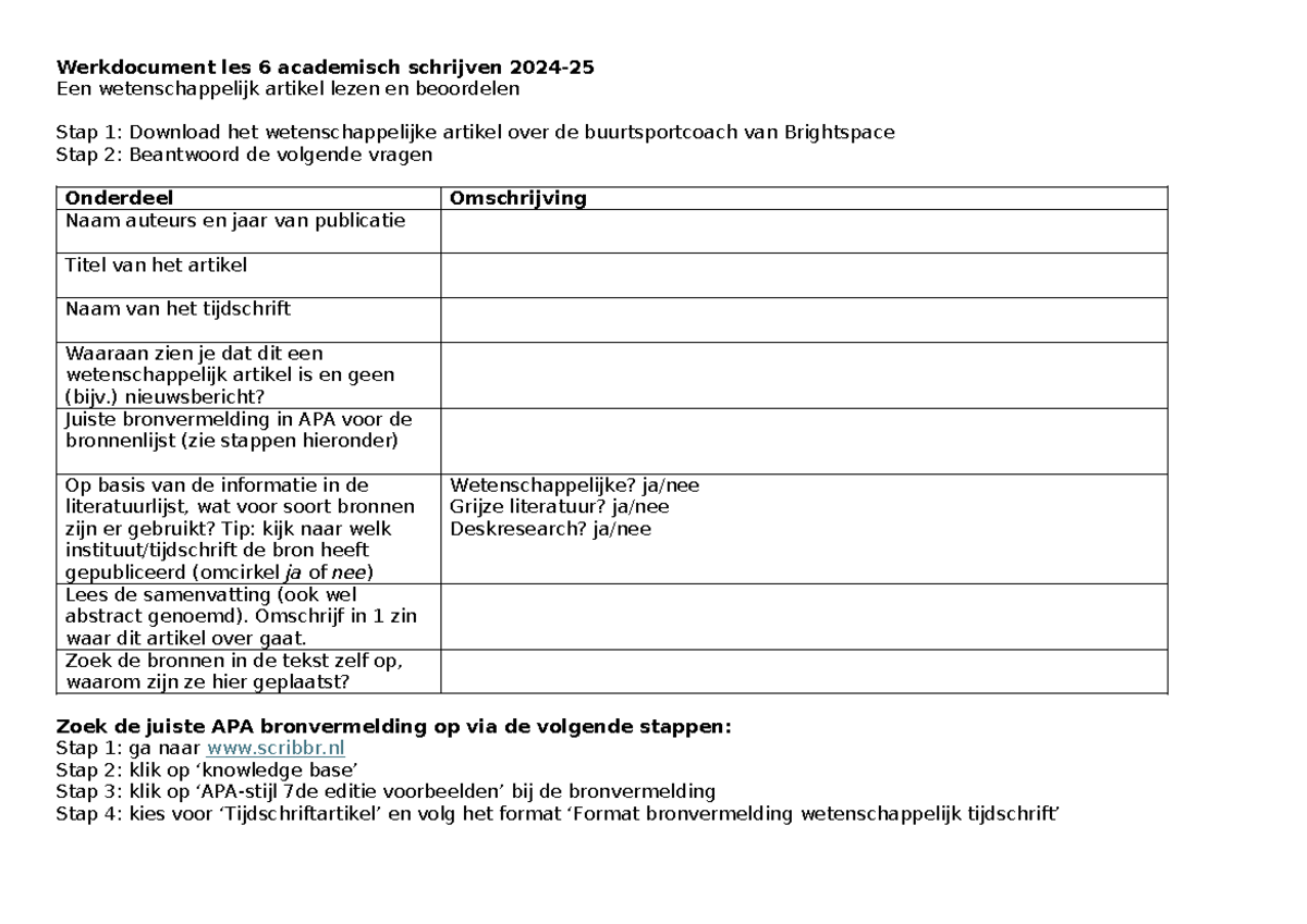 Werkdocument Les 6: Academisch Schrijven en Artikelen Beoordelen 2024 ...