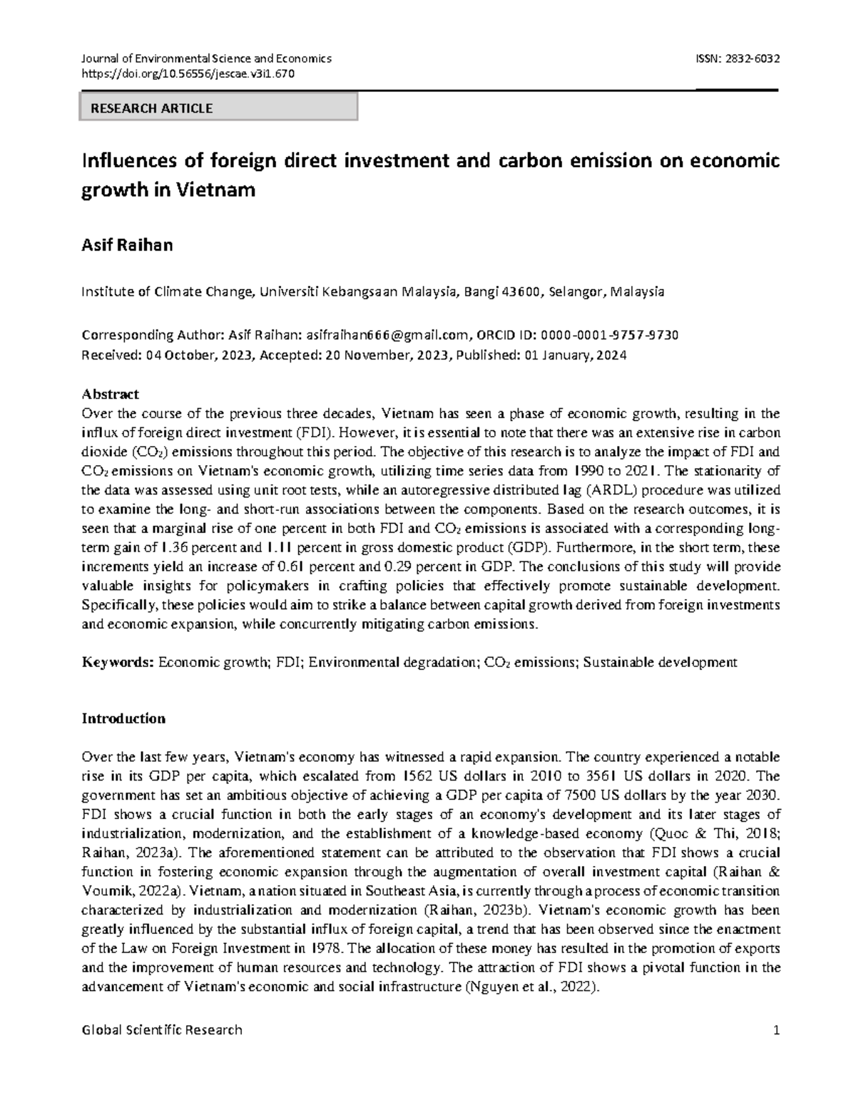 Influences of FDI and CO2 Emissions on Vietnam's Economic Growth - Studocu