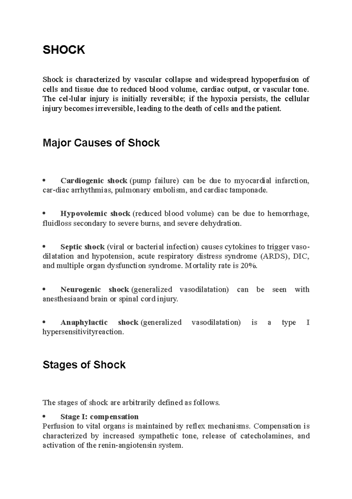 Shock Notes - Understanding Causes, Stages, and Effects - Studocu