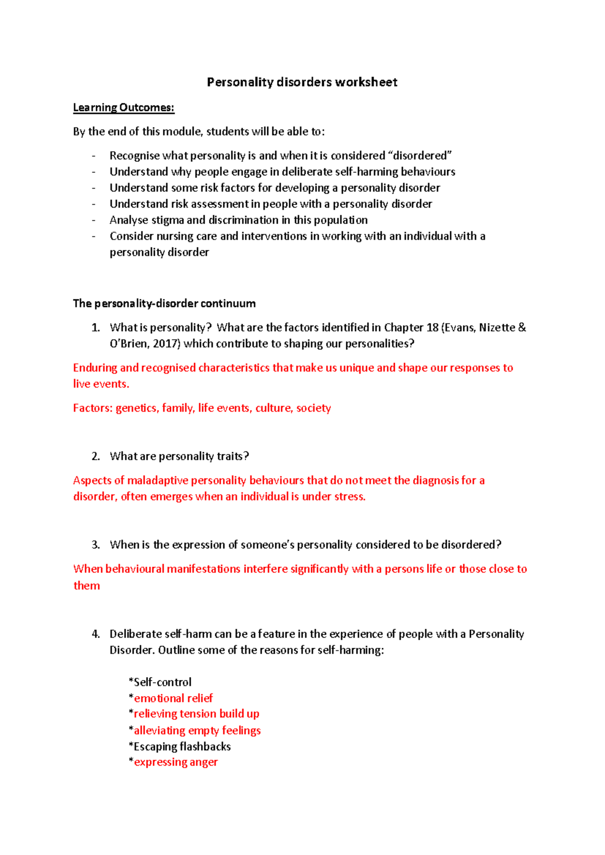 Personality Disorders Worksheet: Key Concepts and Nursing Care - Studocu