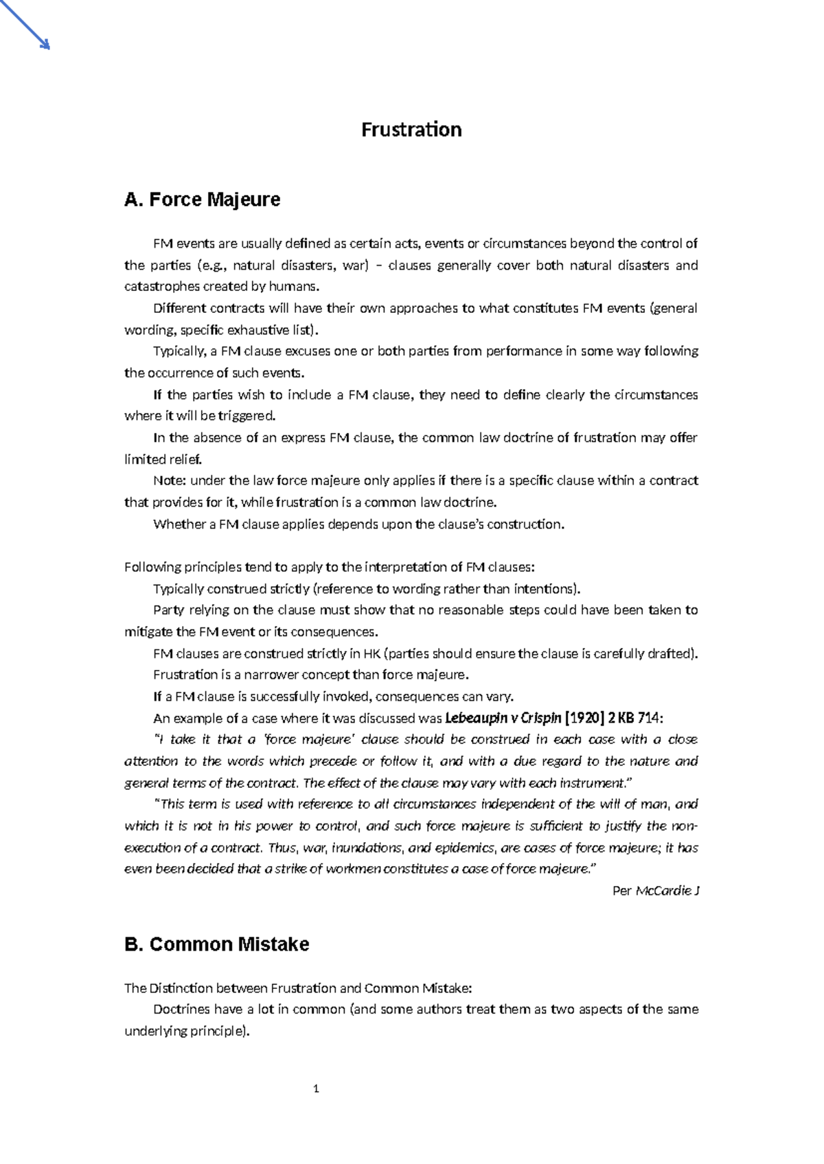 Law of Contract Notes - Frustration and Common Mistakes Analysis Sem B ...