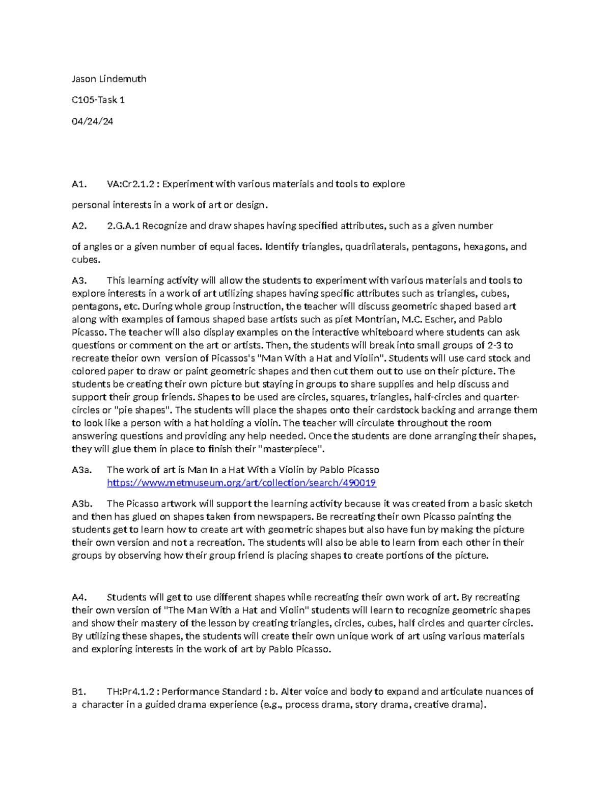 C105 Task 1 - Four Integrated Activities for Elementary Ed - Studocu