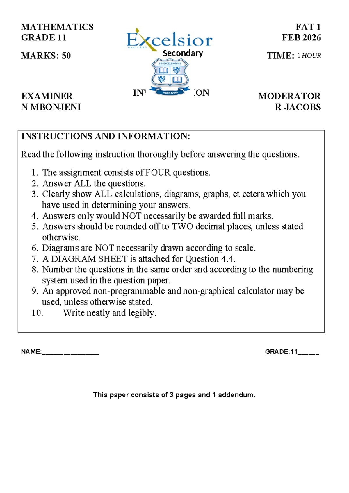 FAT 1 - Grade 11 Mathematics Exam: Marks, Instructions & Questions ...