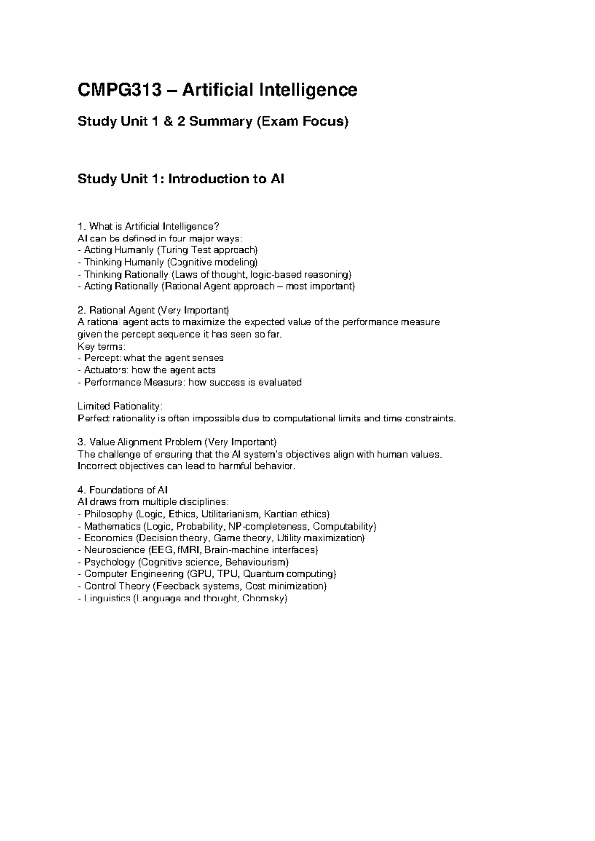CMPG313 AI Study Unit 1 & 2 Summary (Exam Focus) - Studocu