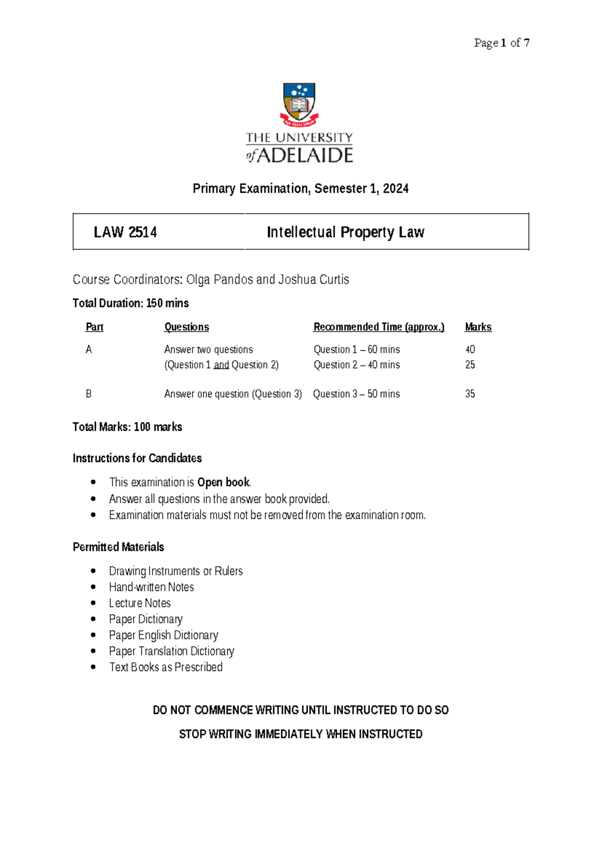 2024 LAW 2514 Intellectual Property Law Final Exam Guide - Studocu