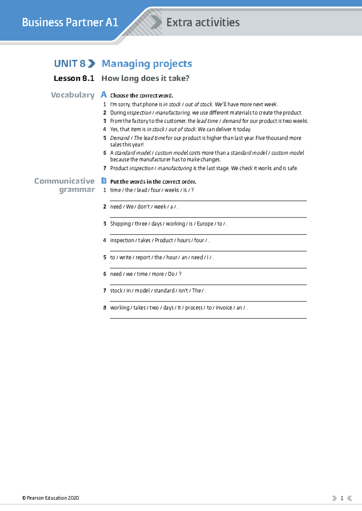 Business Partner A1 Extra Activities - Project Management Unit 8 - Studocu