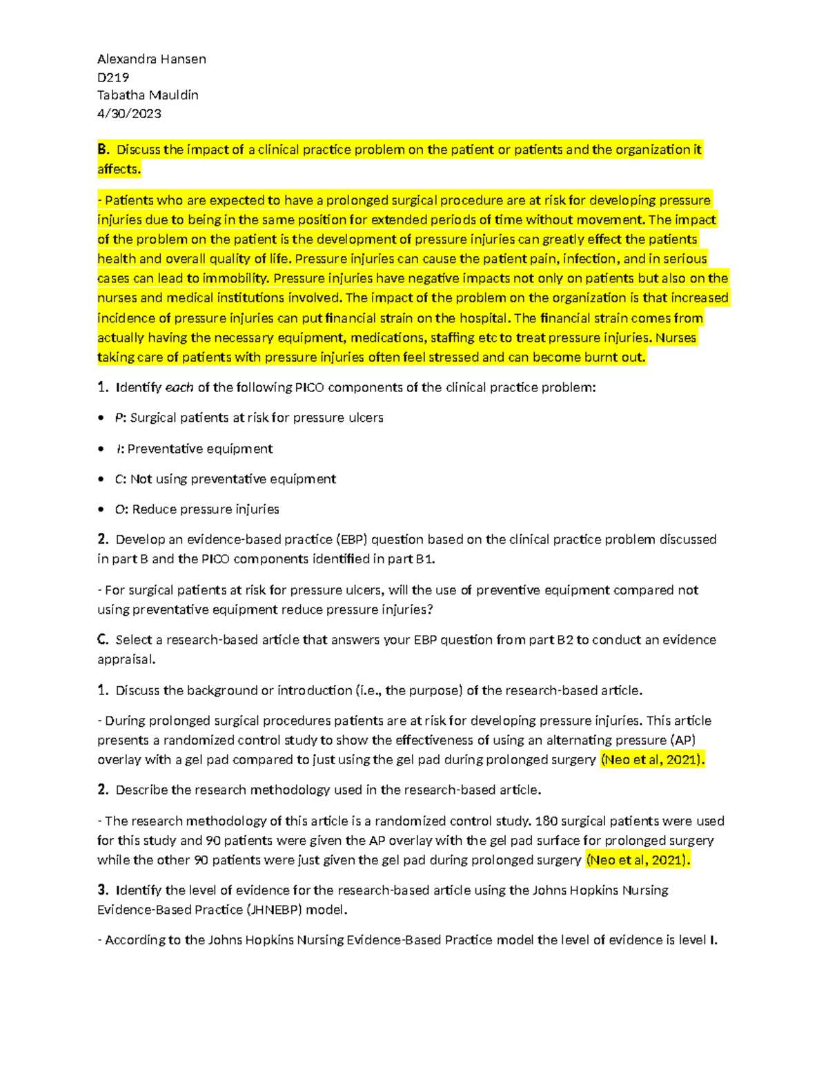 D219 Task 2 (Revision) - Evidence-Based Approach to Preventing Pressure ...