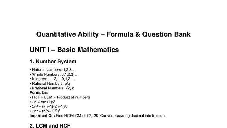 Quantitative Ability Notes: Formula Question Bank UNIT I - Studocu