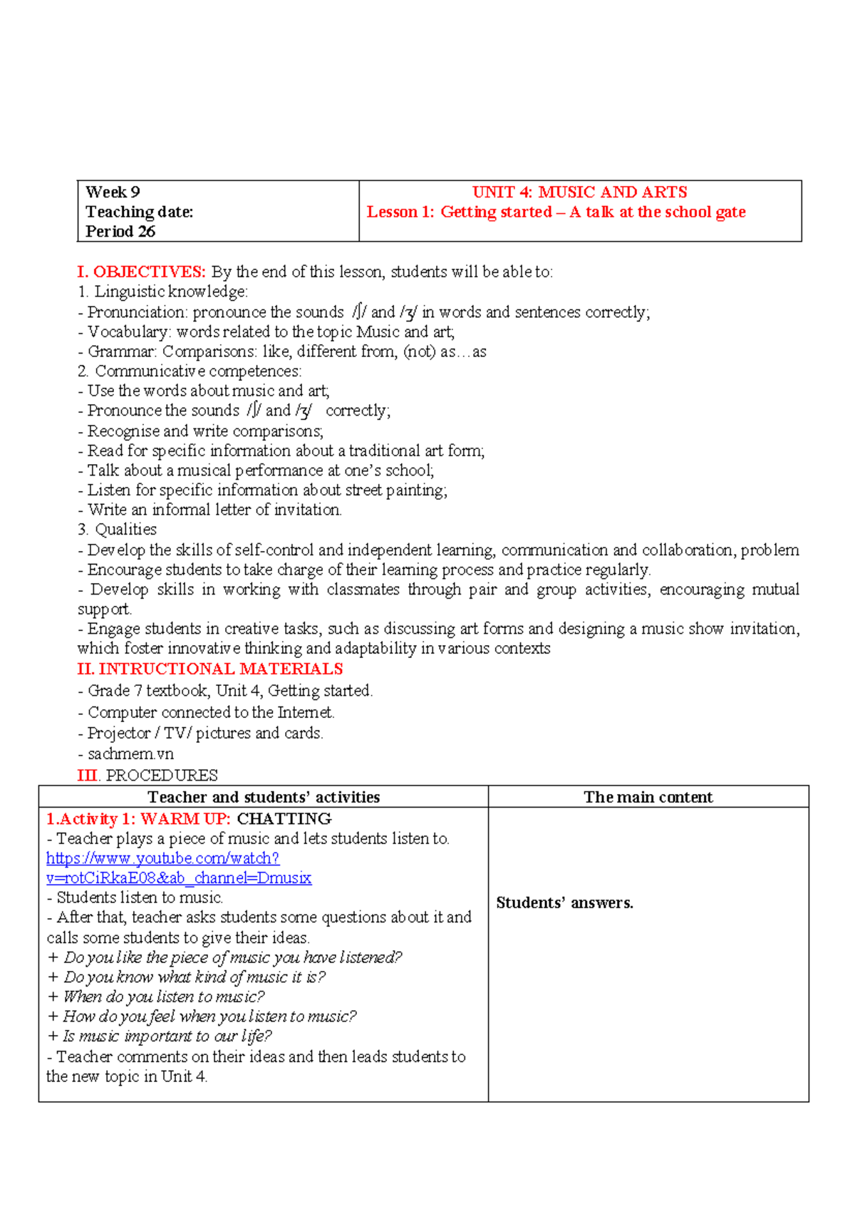 ANH 7 UNIT 4: MUSIC AND ARTS - Lesson Plans for Week 9 - Studocu