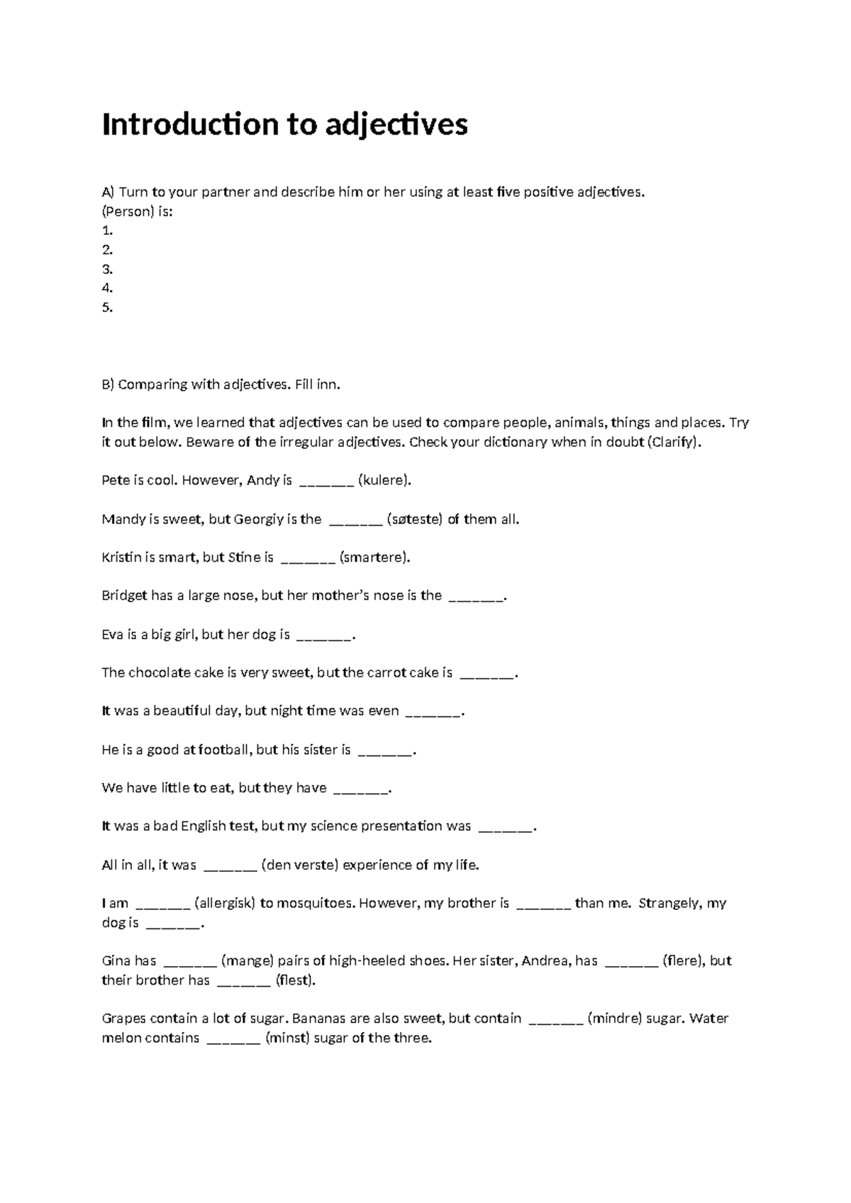 Introduction to adjectives V1 - Introduction to adjectives A) Turn to ...