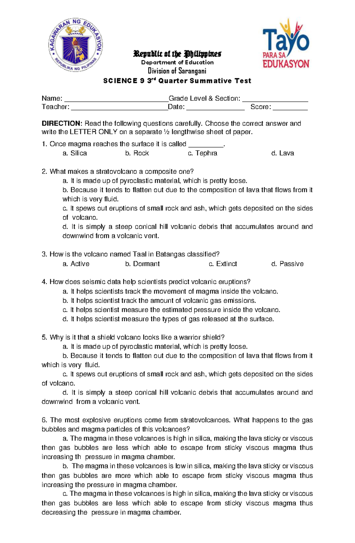 Grade 9 Science 3rd Quarter Summative Test Questions and Answers - Studocu
