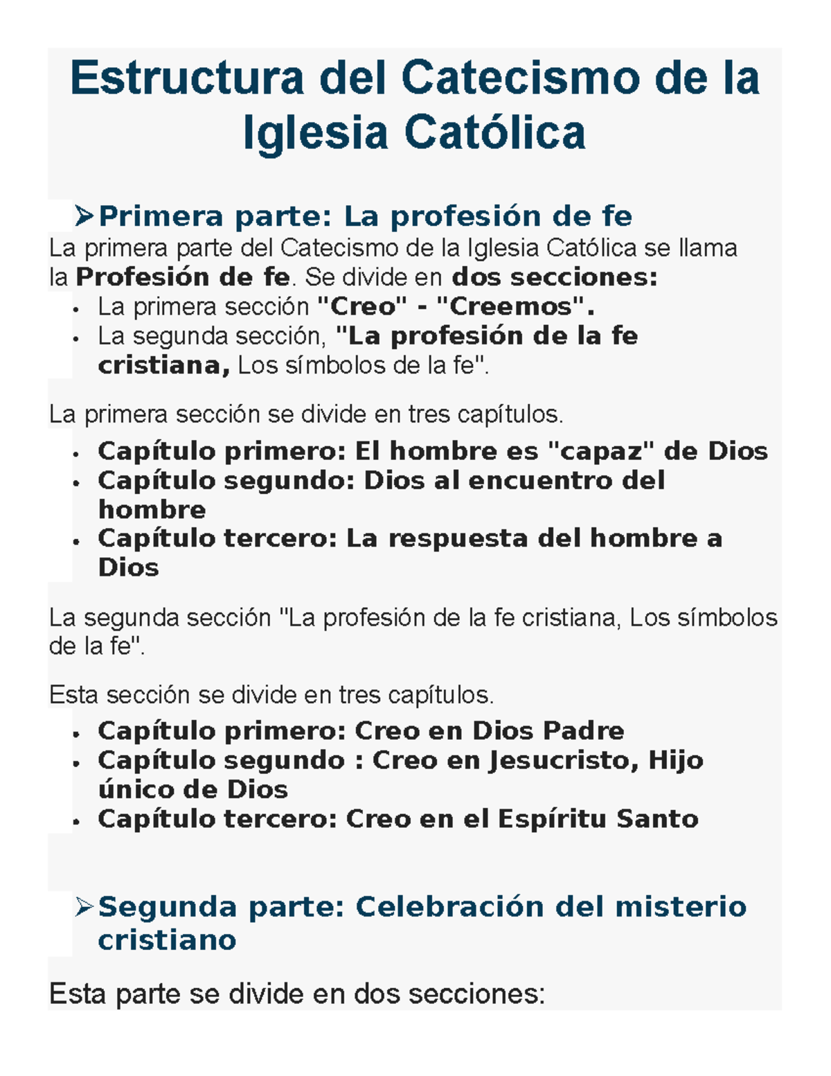 Estructura del Catecismo de la Iglesia Católica: Parte I y II - Studocu