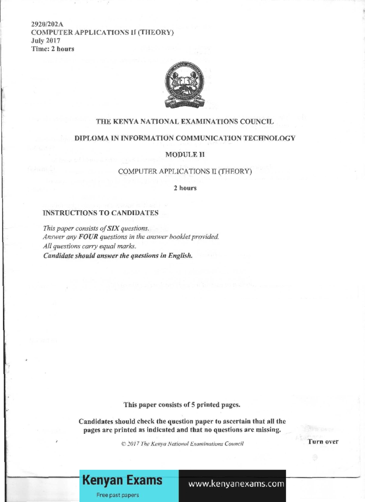 Computer Applications II Theory Exam - Diploma in ICT, July 2017 - Studocu