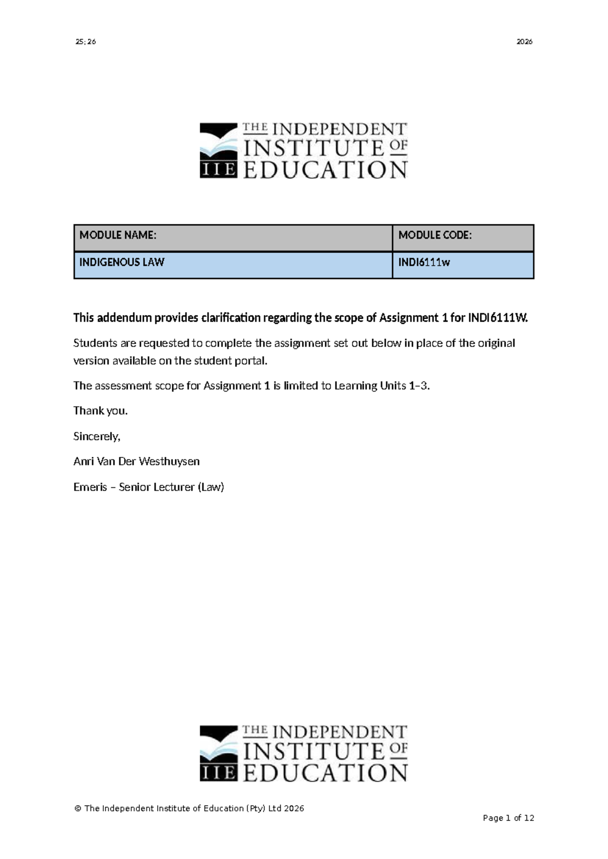 INDI6111W Assignment 1 Addendum: Clarifications and Guidelines - Studocu