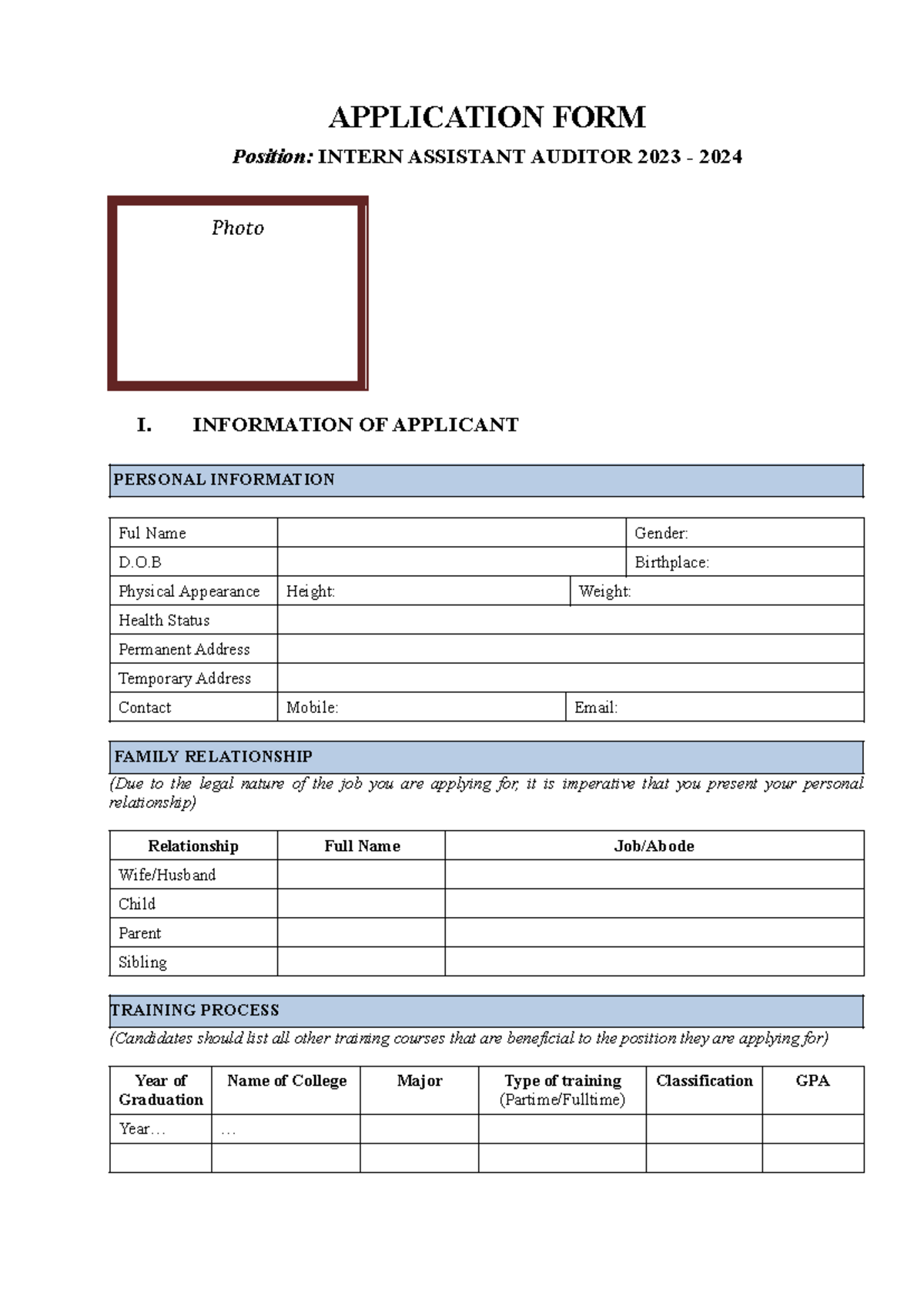 Intern Application Form for Assistant Auditor Position 2023-2024 - Studocu