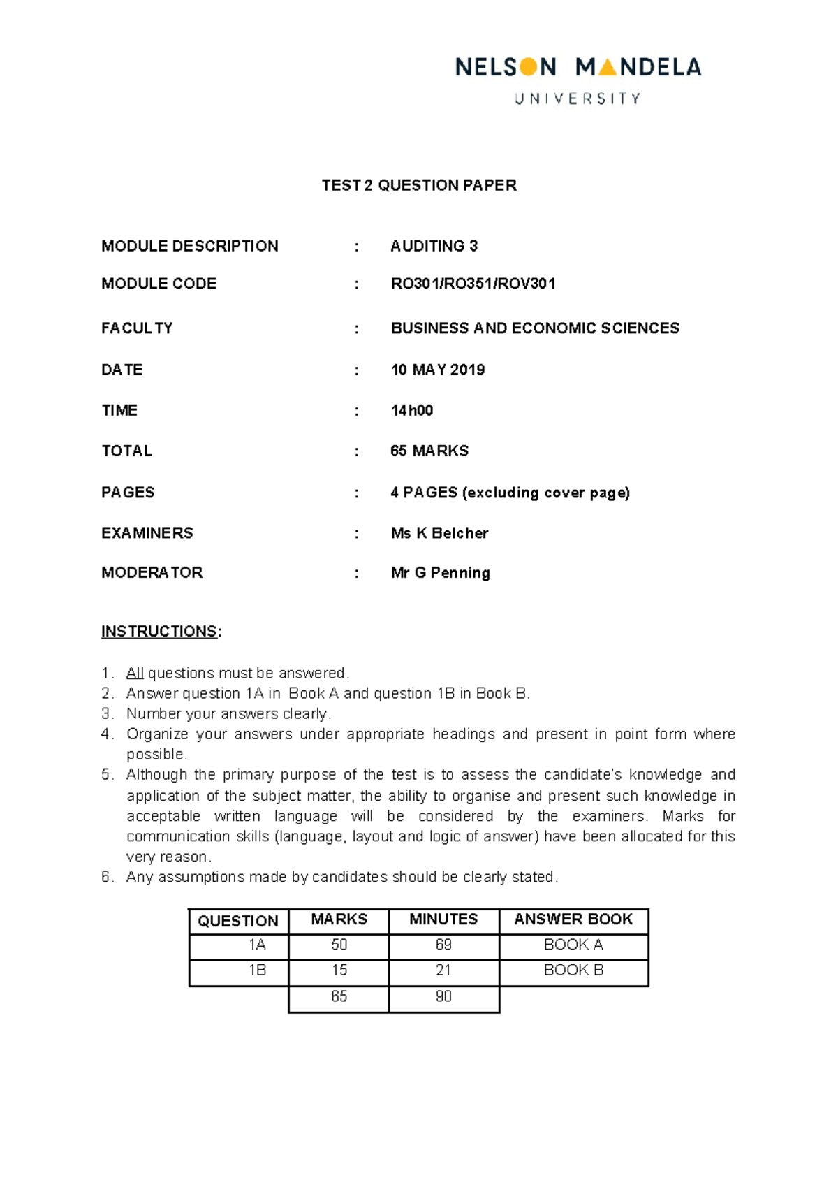 2019 RO301 Test 2 - Q mastercopy - TEST 2 QUESTION PAPER MODULE ...