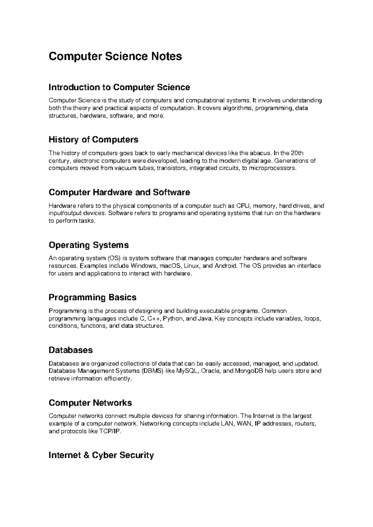 CS101: Intro to Computer Science Notes and Key Concepts - Studocu