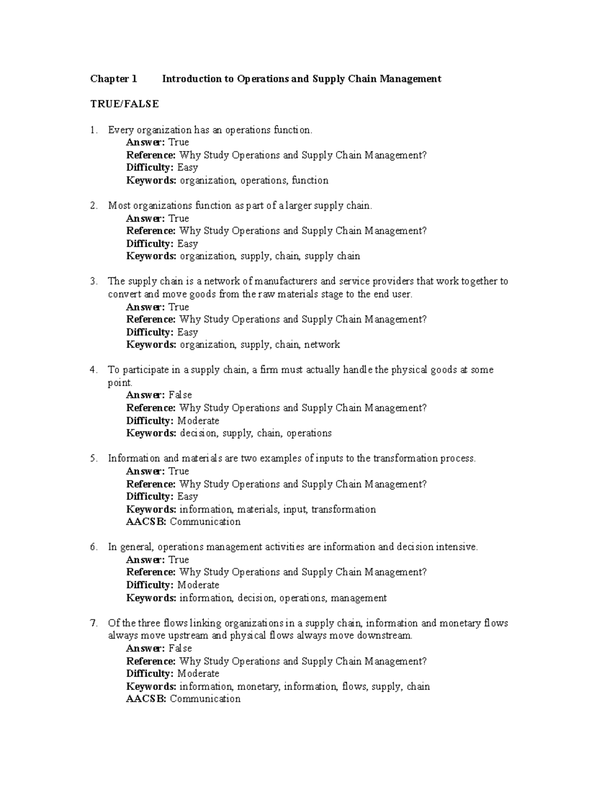 Chapter 1 Test Bank: Introduction to Operations & Supply Chain Mgmt ...