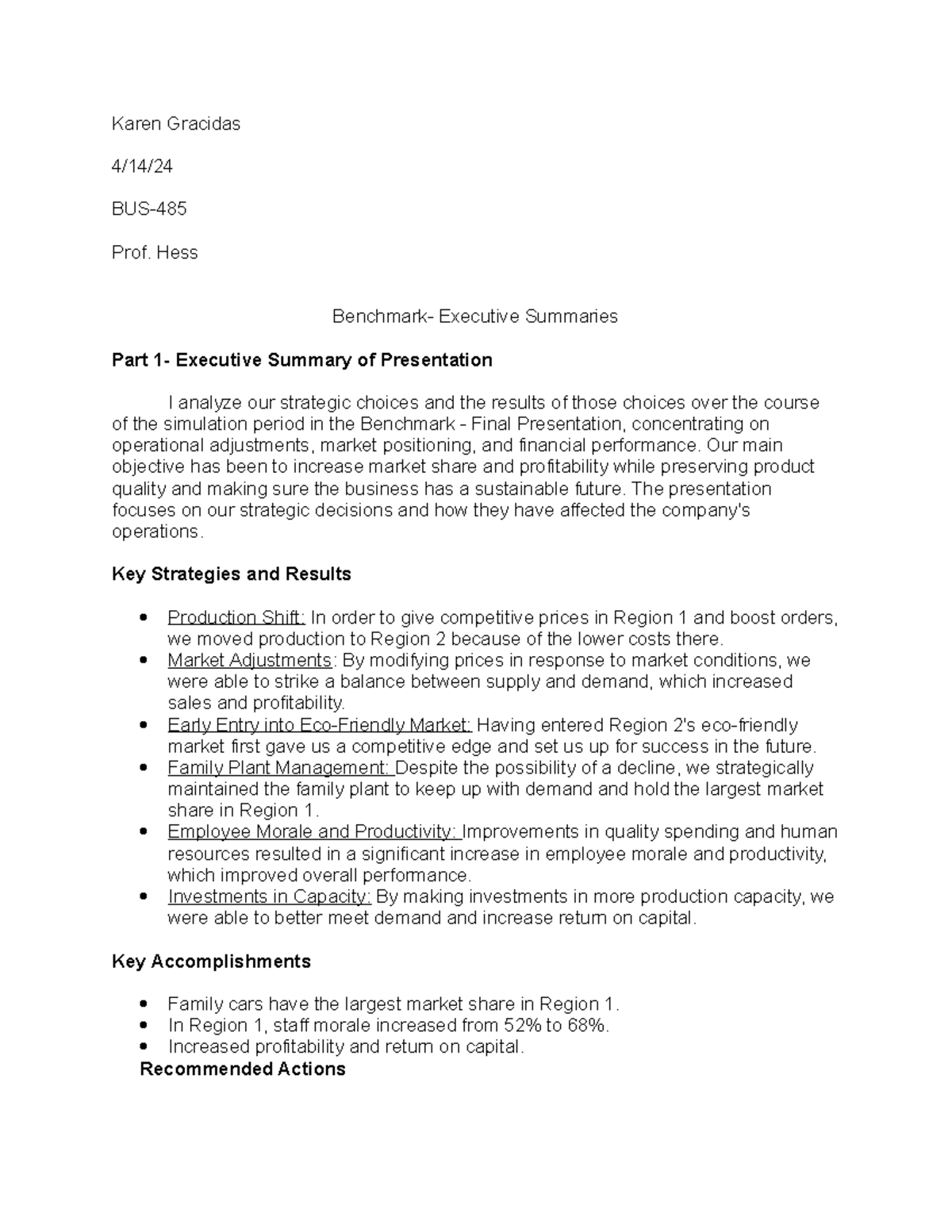 BUS- Benchmark Executive Summary of Strategic Choices and Results - Studocu