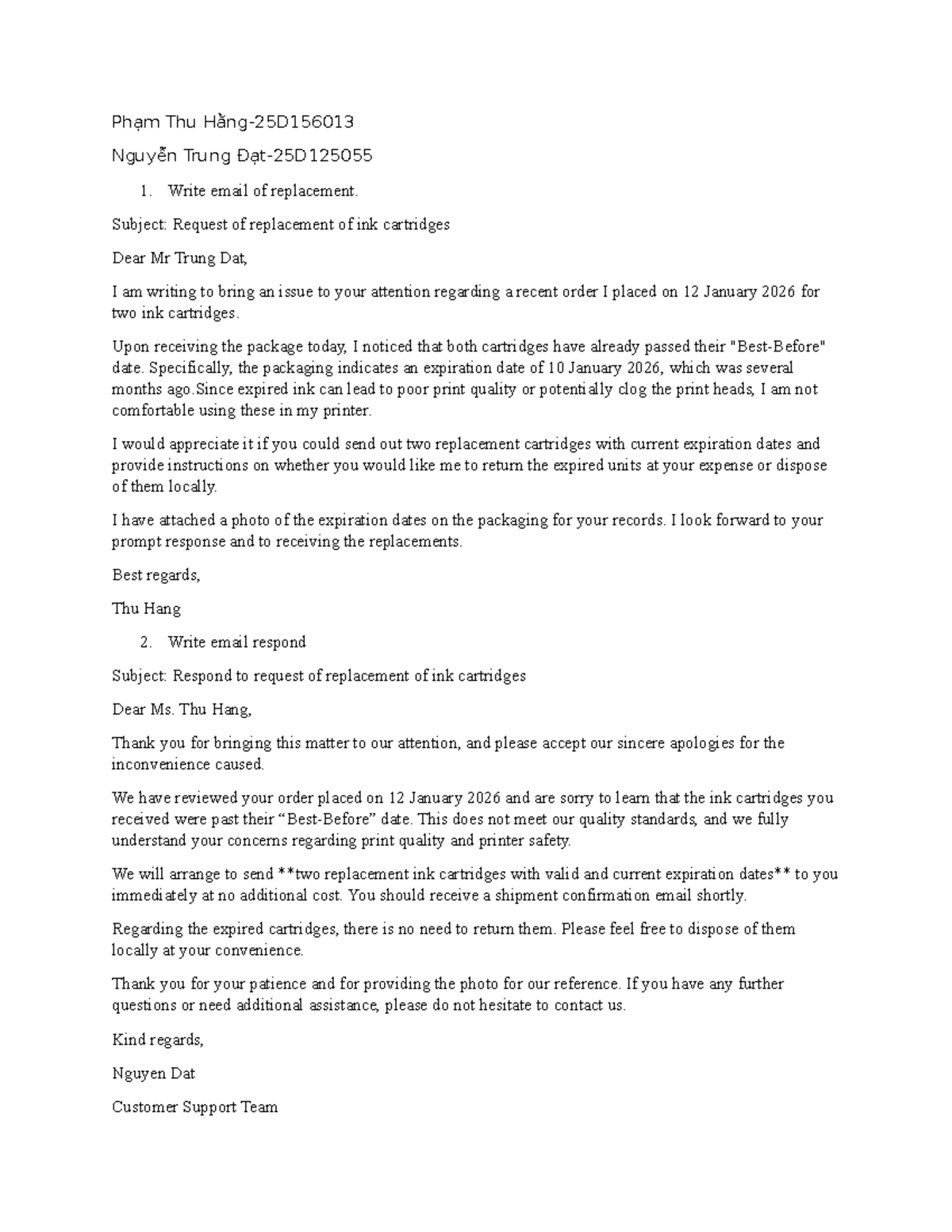 Email Correspondence on Ink Cartridge Replacement Request - Studocu