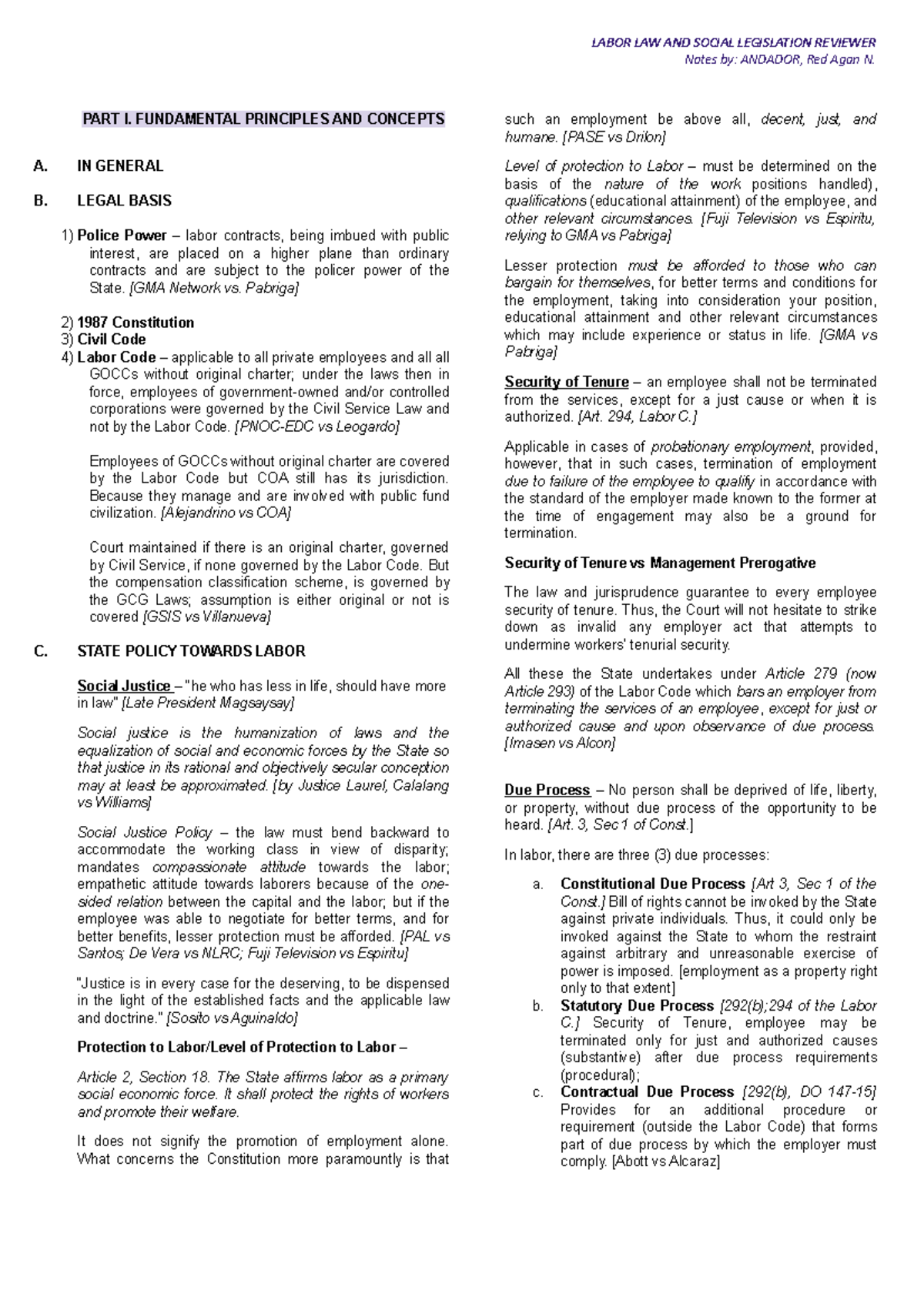 Labor Law Reviewer: Essential Principles and Key Cases - Studocu