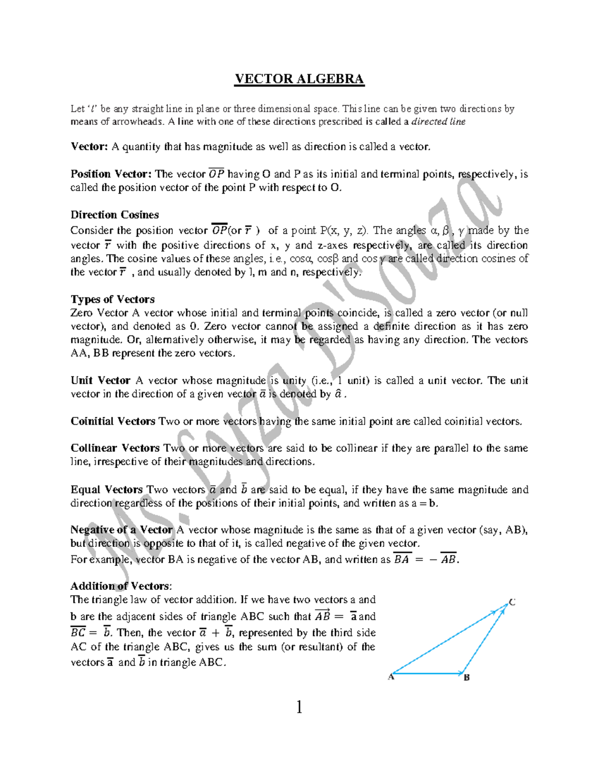 VECTOR ALGEBRA: Key Concepts and Properties - Studocu