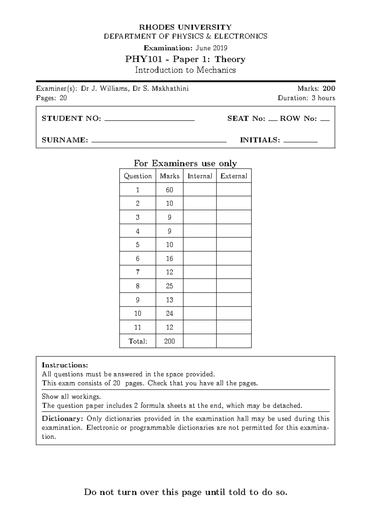 PHY101 June 2019 Exam Paper 1: Theory of Mechanics - Studocu