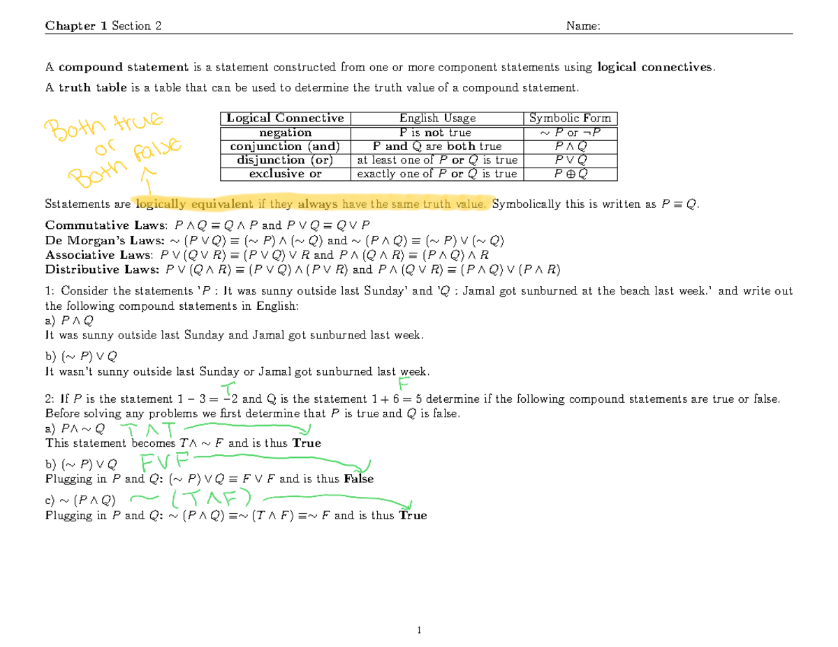 Chapter 1, Section 2: Compound Statements & Truth Tables Lecture - Studocu