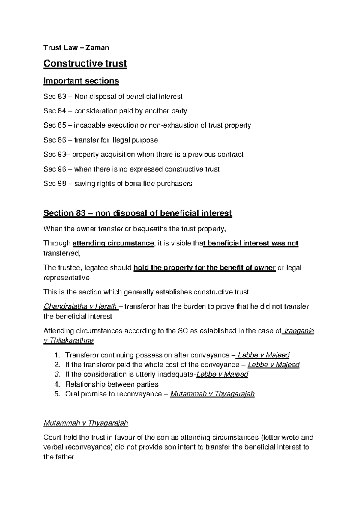 Trust Law (Zaman) - Key Sections on Constructive Trusts - Studocu