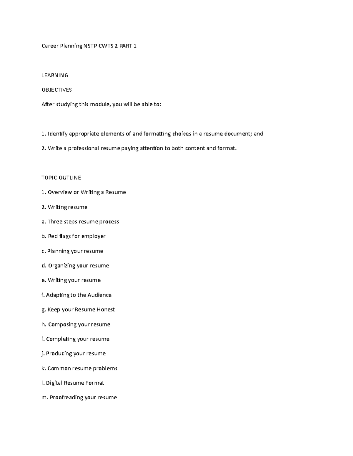 Career Planning NSTP CWTS 2 - TOPIC OUTLINE Overview or Writing a ...