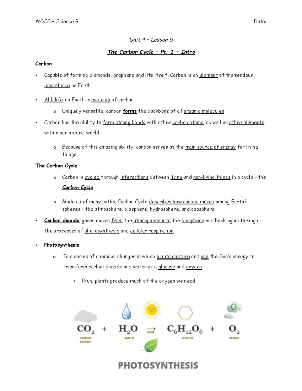 WGSS Science 9: Unit 4, Lesson 5 - Overview of the Carbon Cycle - Studocu
