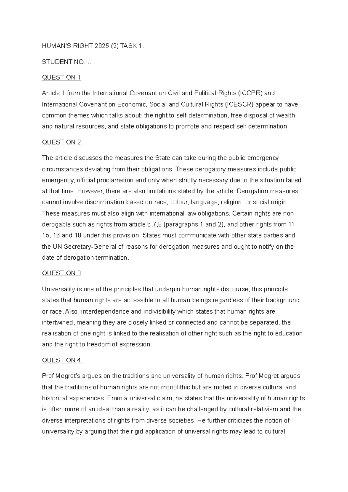 RIGHT 2025 (2) TASK 1: Human Rights Law Analysis and Discussion - Studocu