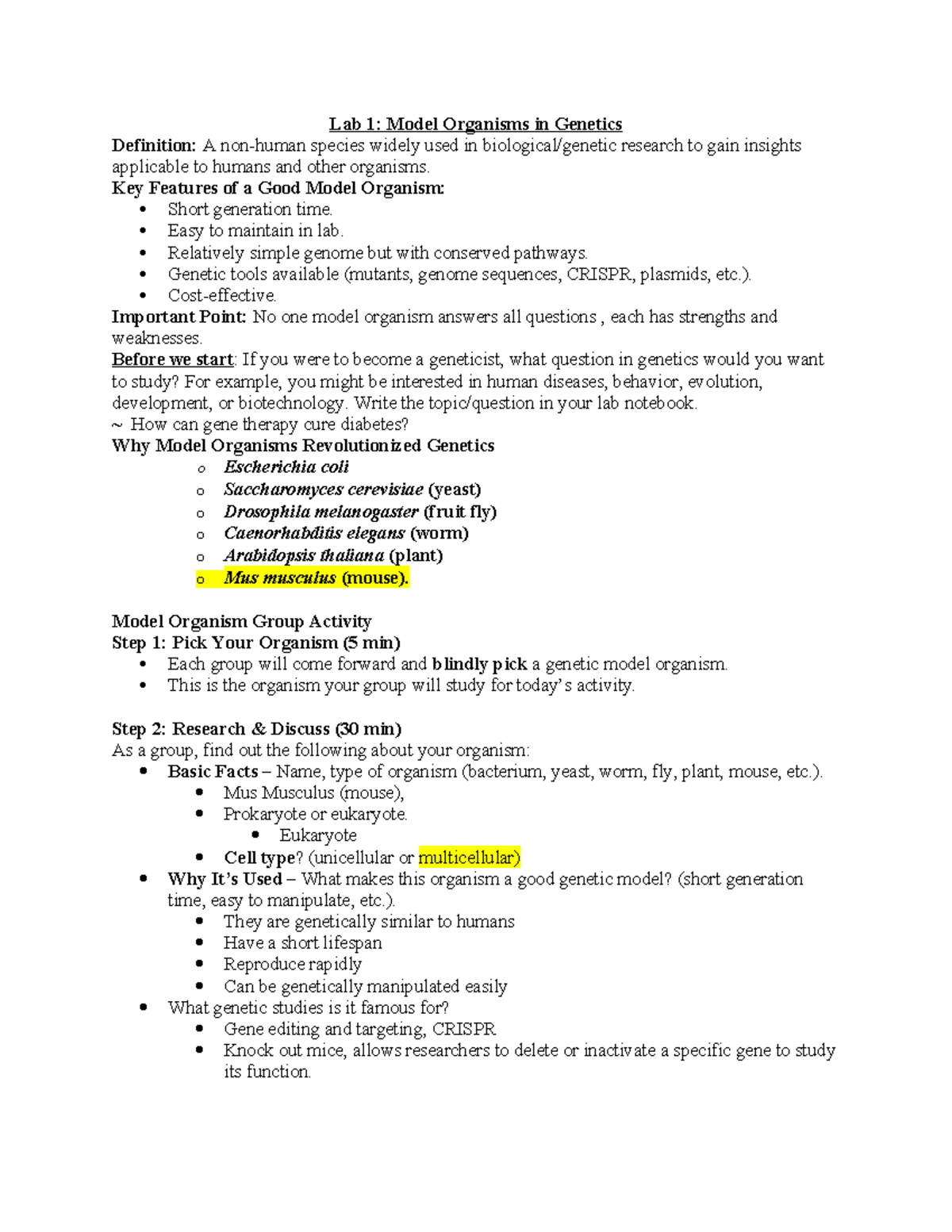 Genetics Lab #1: Model Organisms Overview and Activities - Studocu