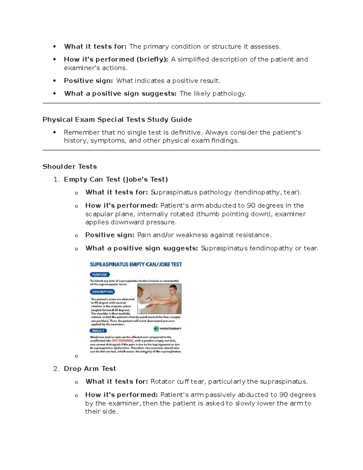 MS 101 Physical Exam Special Tests Study Guide - Studocu