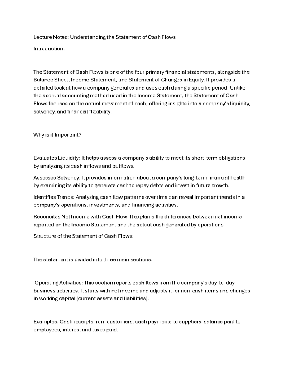 Lecture Notes: Understanding the Statement of Cash Flows 101 - Studocu
