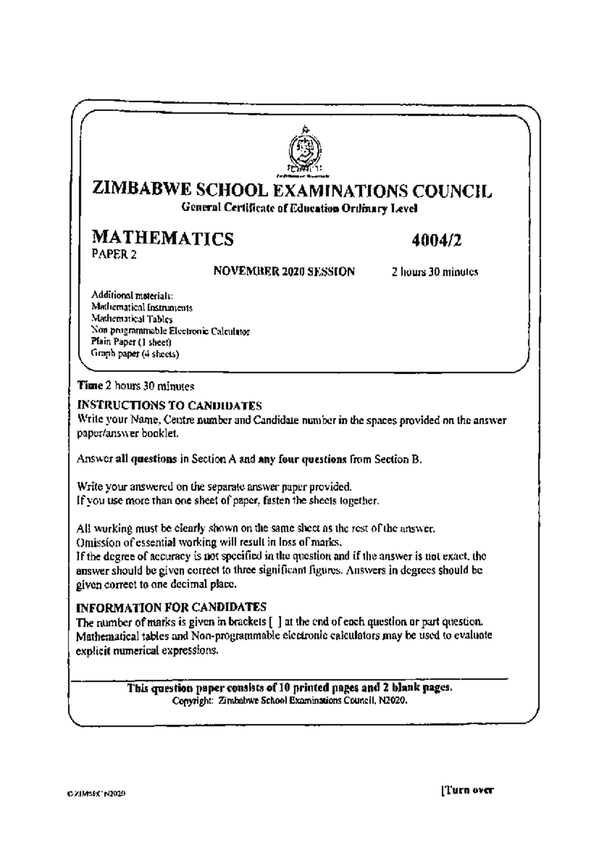 Mathematics Paper 2 N2020: Zimbabwe O-Level exam questions and ...