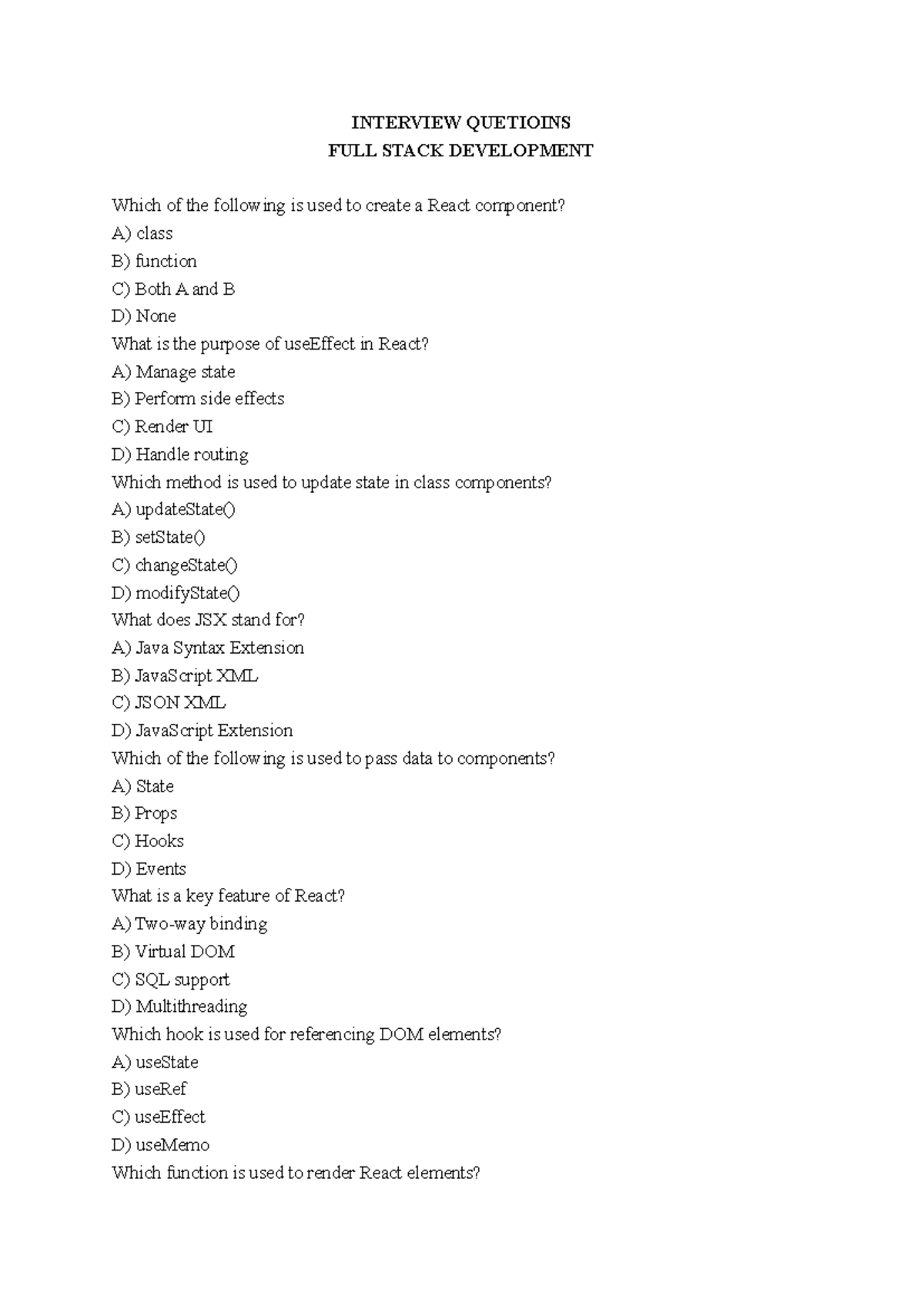 Full Stack Development Interview Questions (MCQs) - Studocu