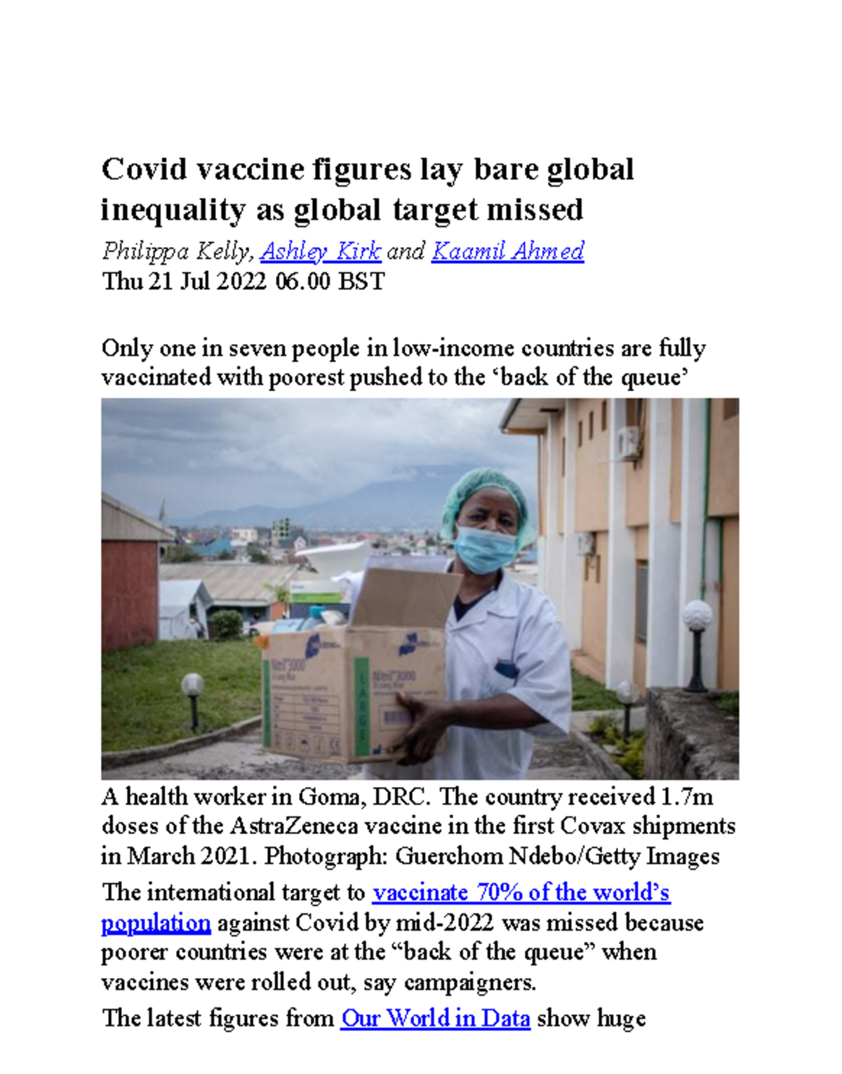 Kelley 2022: Covid Vaccine Inequality and Missed Global Targets - Studocu
