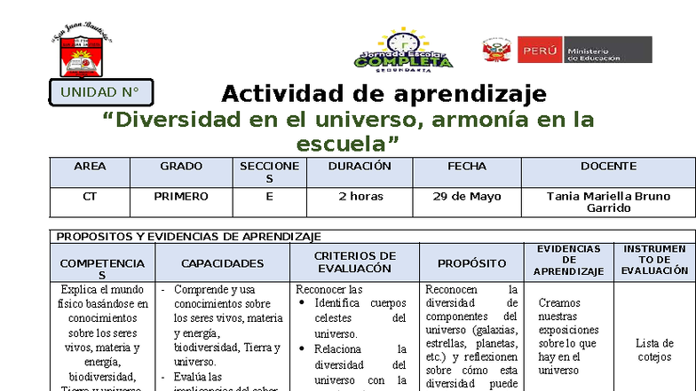 Actividad de Aprendizaje: Unidad 3 - El Universo y la Armonía Escolar ...