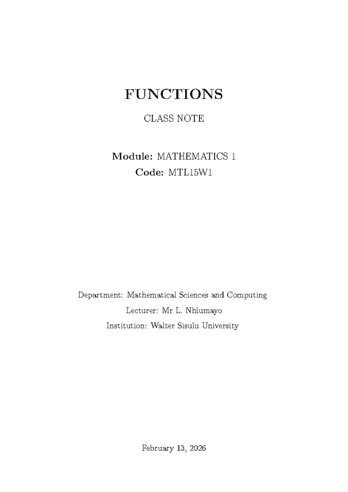 Mathematics 1 (MTL15W1) - Functions Class Notes - Studocu