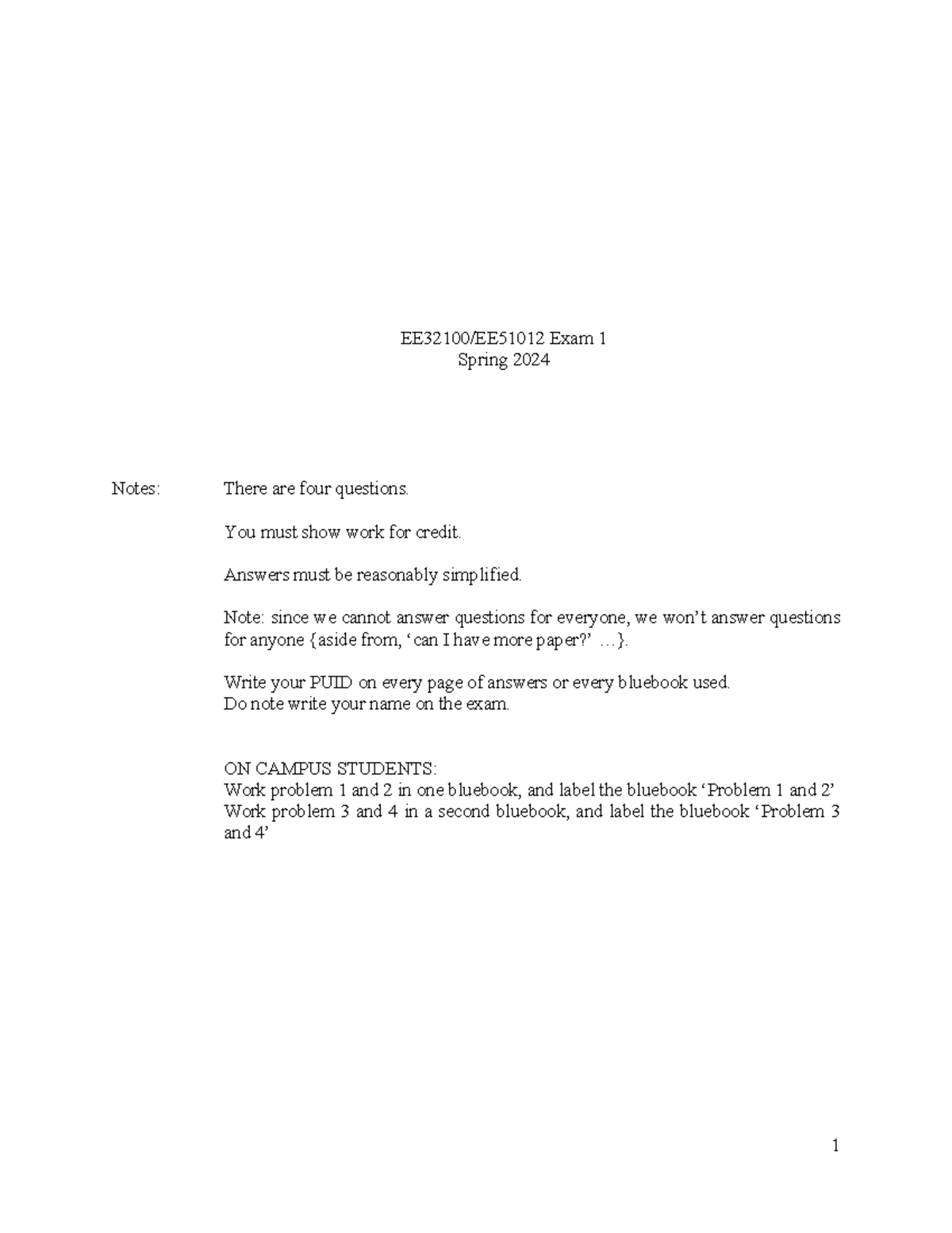 ECE32100 Spring 2024 Exam 1 Guidelines and Instructions - Studocu