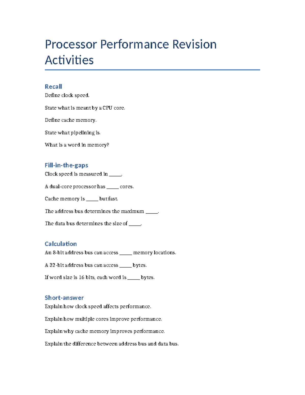 CPU Performance Revision Activities: Clock Speed, Cores & Cache - Studocu