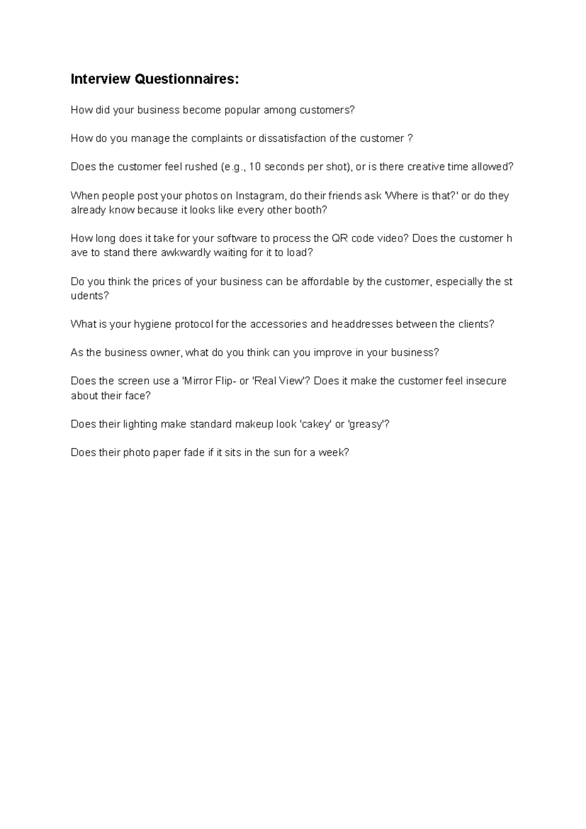 Interview Questionnaires: Customer Experience & Business Insights - Studocu