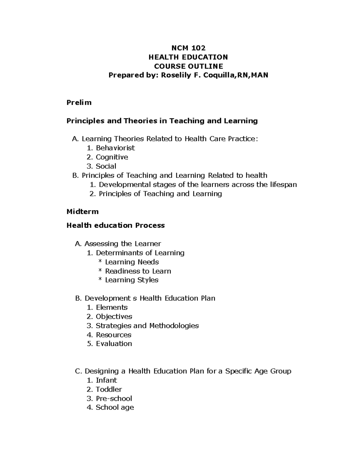 NCM 102 Course Outline: Principles of Health Education & Teaching - Studocu