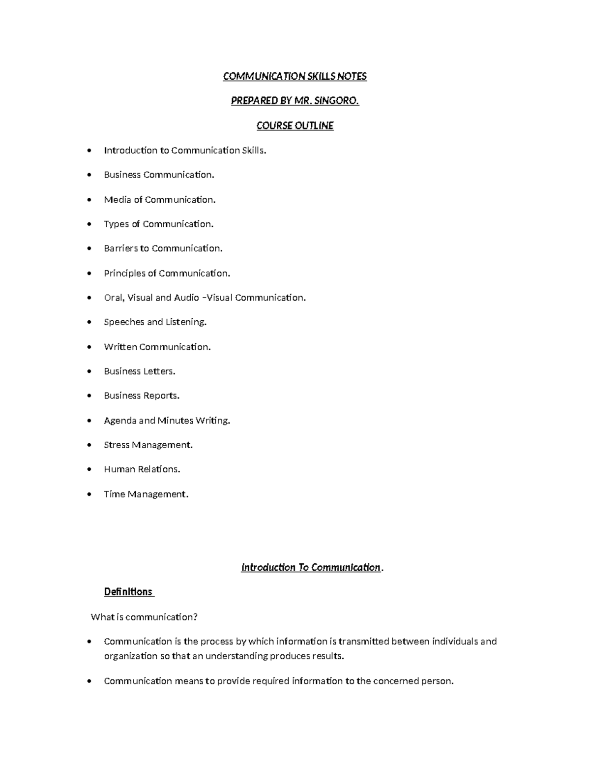 COMM 101: Comprehensive Communication Skills Notes by Mr. Singoro - Studocu