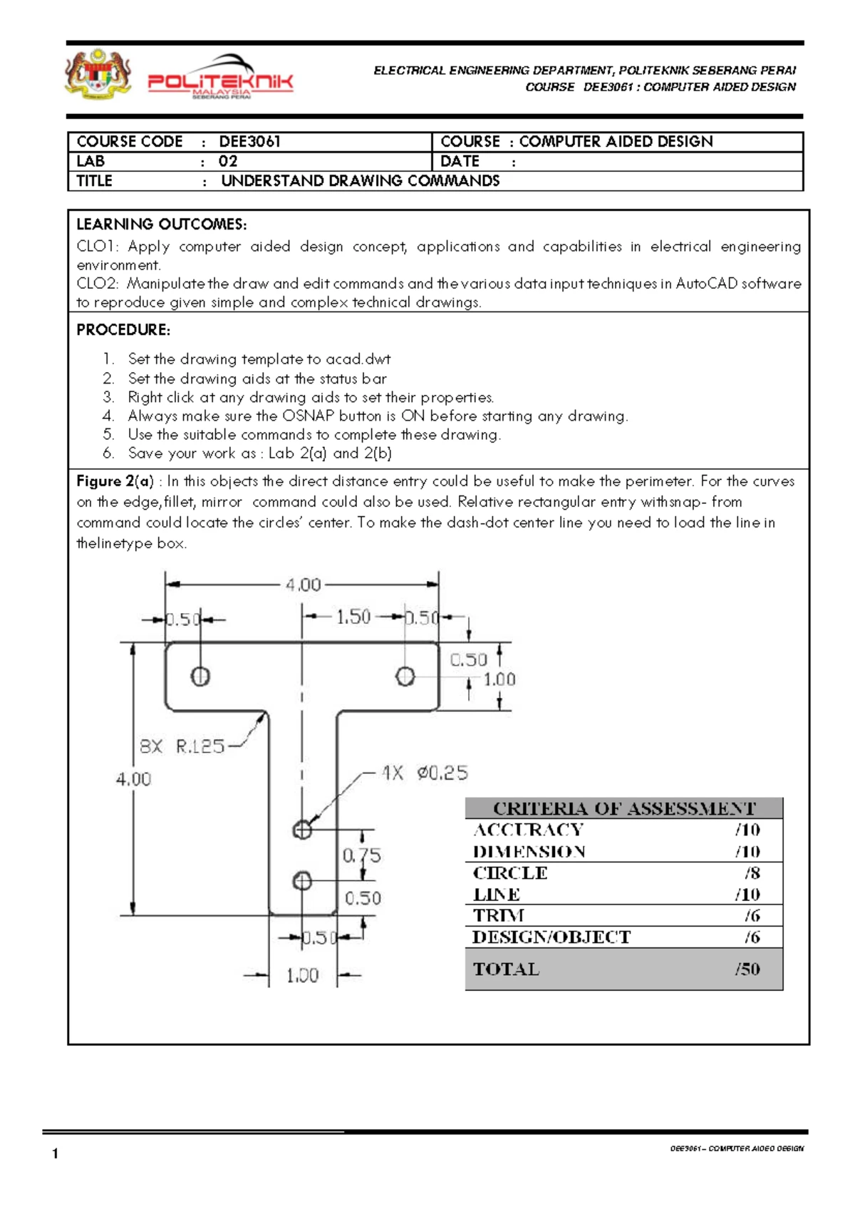 LAB 06 DEE3061 - Application of AutoCAD in Electrical Drawing - Studocu