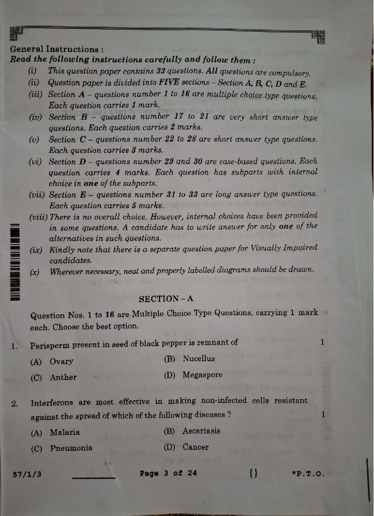Bio QP Set 3: Comprehensive Question Paper with Instructions - Studocu